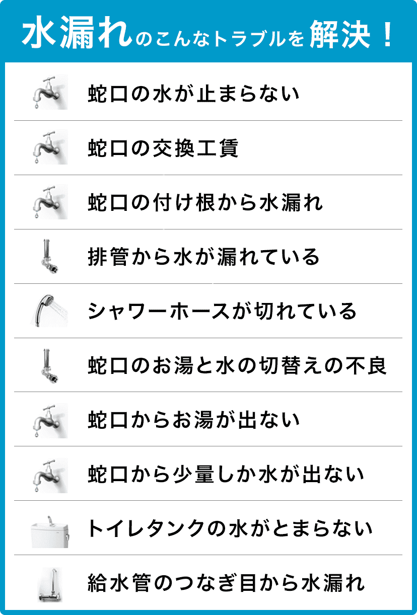 蛇口の水が止まらない・蛇口の交換・蛇口の付け根から水漏れ・配管から水が漏れている・シャワーホースが切れている・蛇口のお湯と水の切り替えの不良・蛇口からお湯が出ない・蛇口から少量しか水が出ない・タンクの水が止まらない・給水管のつなぎ目から水漏れ